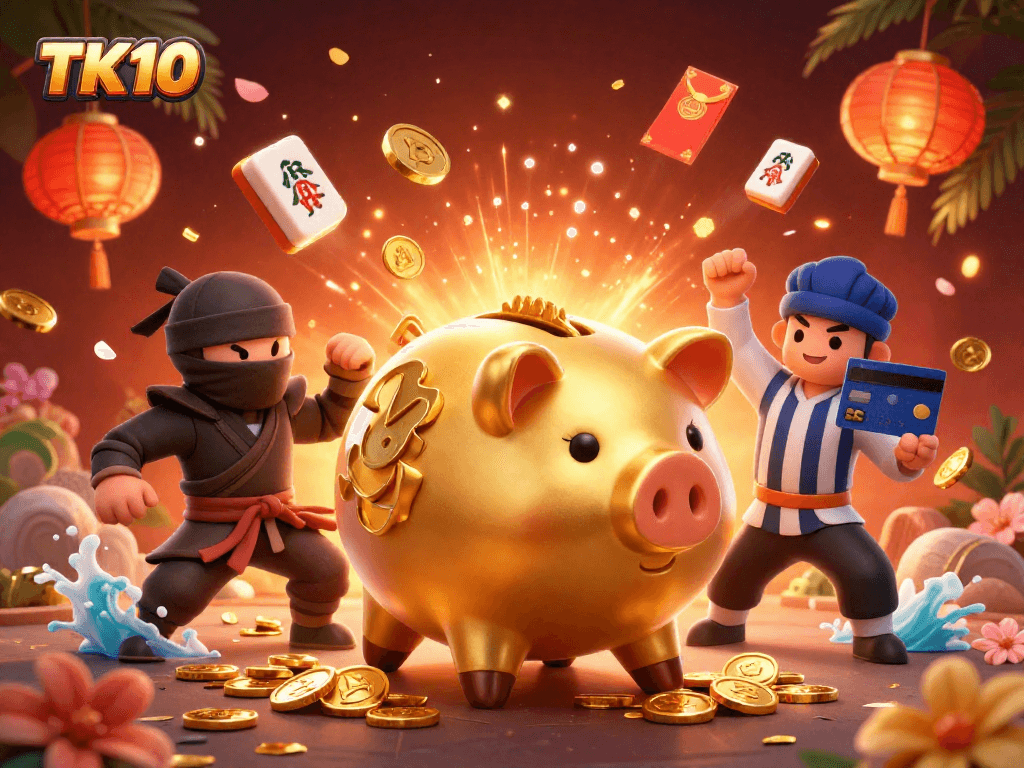 Experience exhilarating gaming moments at TK10 with a lively casino-themed illustration of characters and elements!