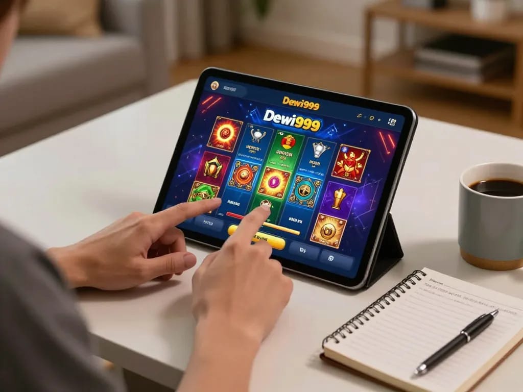 Pemain berinteraksi dengan aplikasi Dewi999, menampilkan kegembiraan dan strategi perjudian online dalam suasana yang nyaman