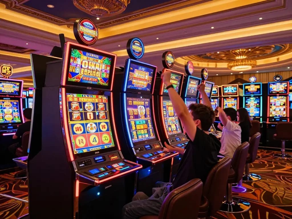 Player celebrating a win at the vibrant leci123a slot machine area filled with bright lights.