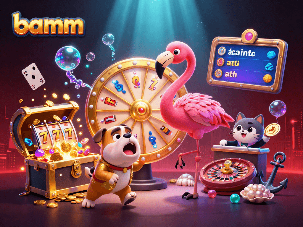 Engage with bamm's exciting 3D casino scene featuring gold coins, slot machines, and lively characters.