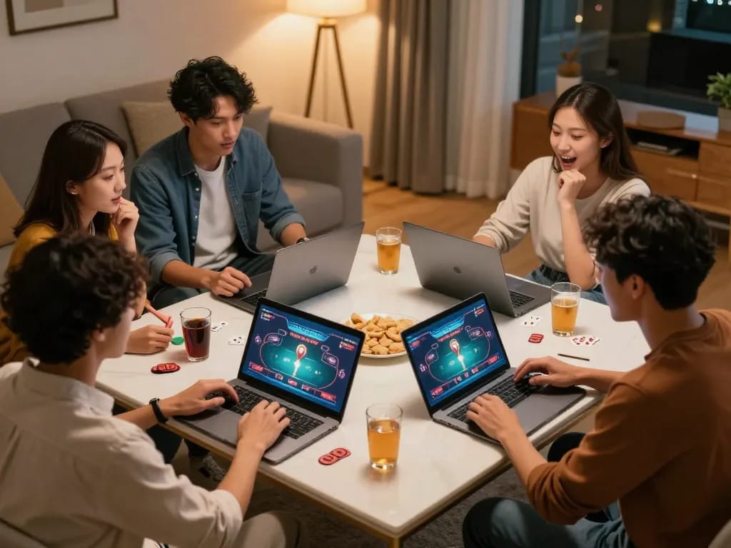 Friends enjoying an online poker game on 98win with vibrant graphics and engaged expressions.
