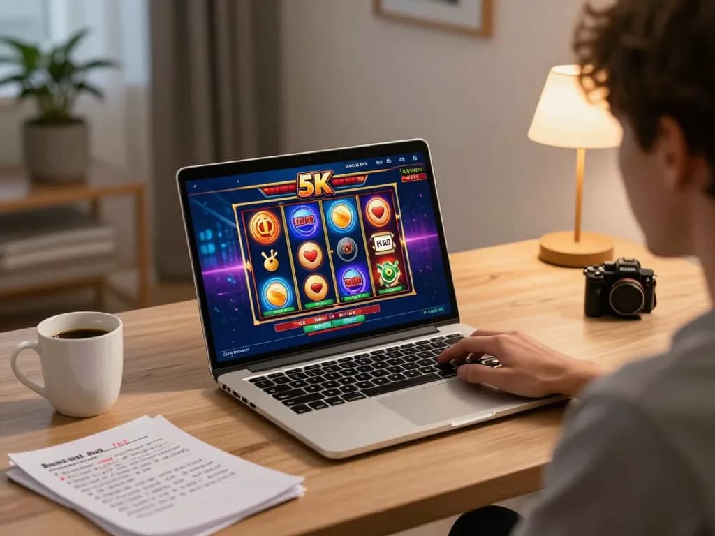 Player enjoying an exciting slot 5k game on a laptop, incorporating interactive elements and home comfort