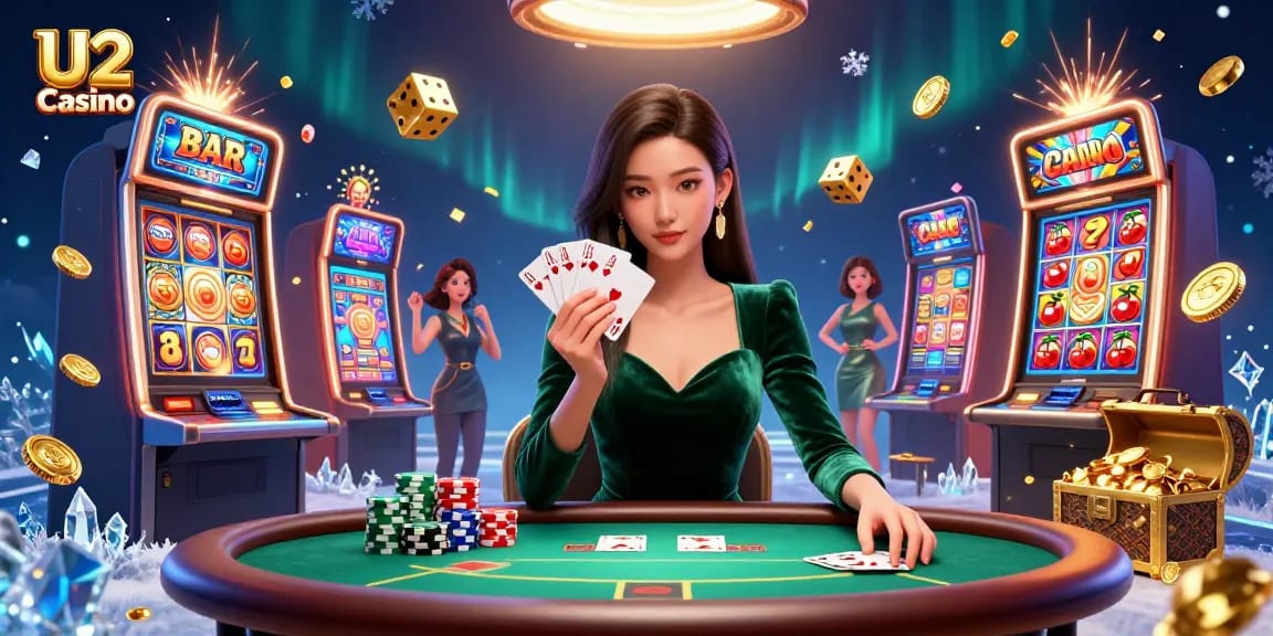 Play thrilling games at U2 Casino with vibrant casino elements and action-packed scenes.