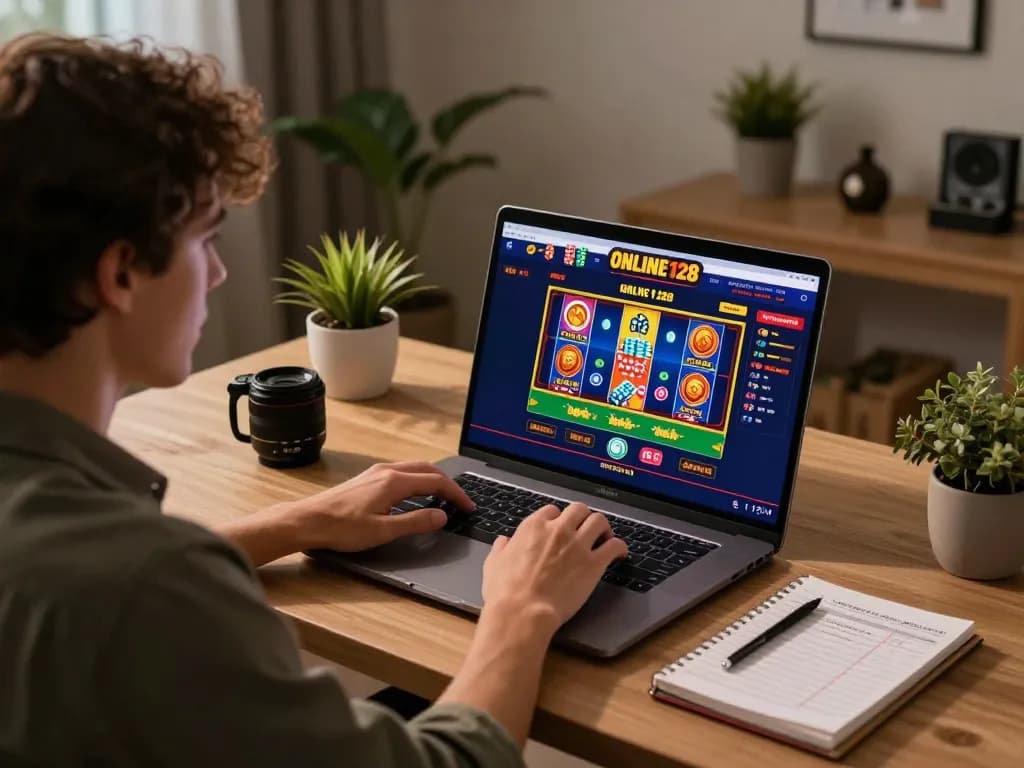 Engaging gameplay on ONLINE128 while using a laptop in a cozy home environment.