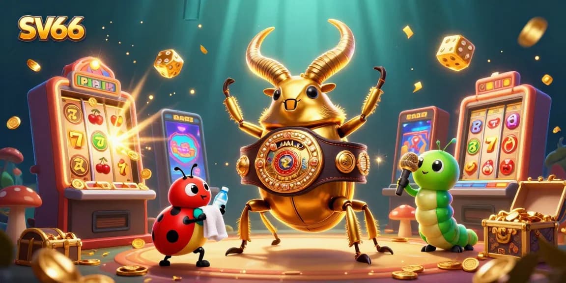 SV66 showcases a 3D cartoon scene with a giant beetle champion, casino elements, and festive themes.