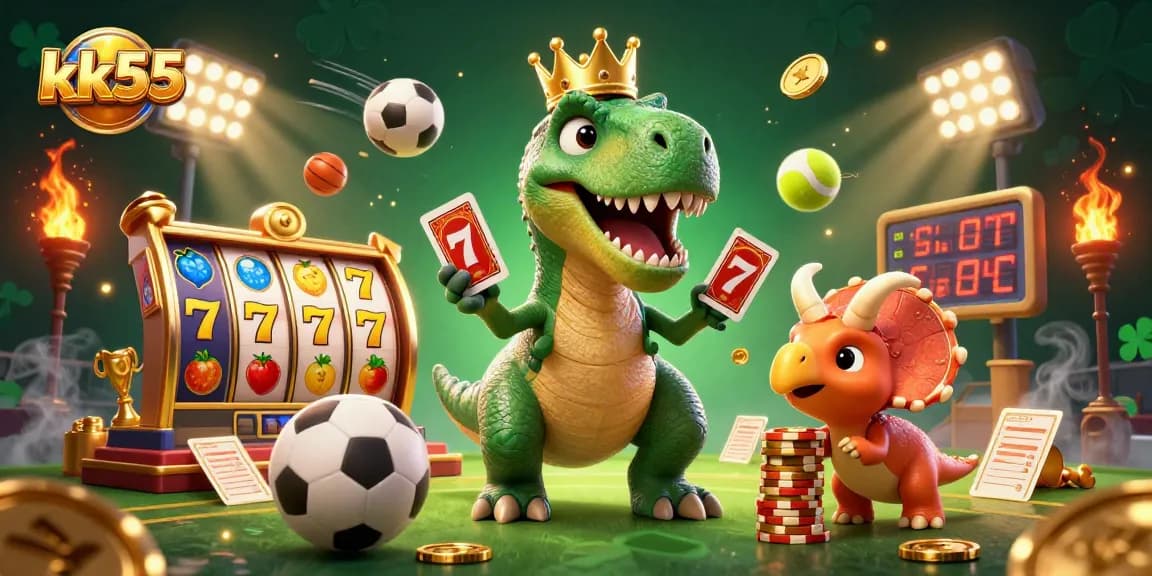 kk55 features a T-Rex shuffling cards alongside a triceratops stacking chips in a vibrant casino scene.