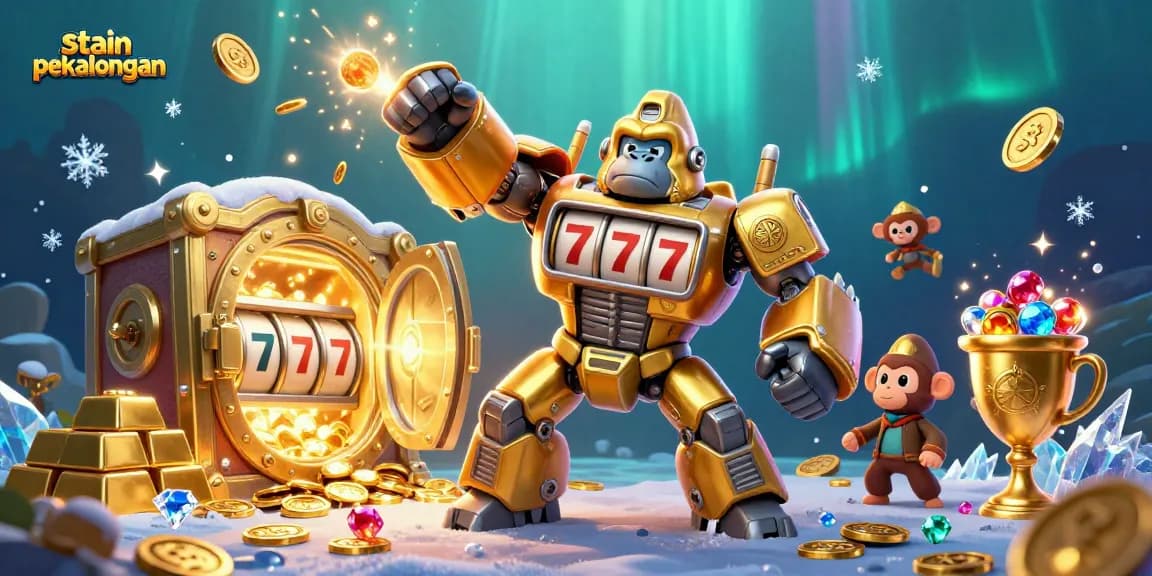 Experience the excitement of stain pekalongan with this dynamic casino-themed illustration featuring vibrant golds and gems.