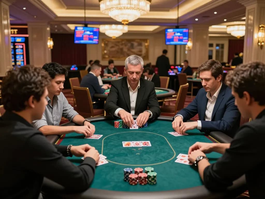 Kong88 players engaged in an exciting poker game, showcasing strategic gameplay and vibrant casino atmosphere.