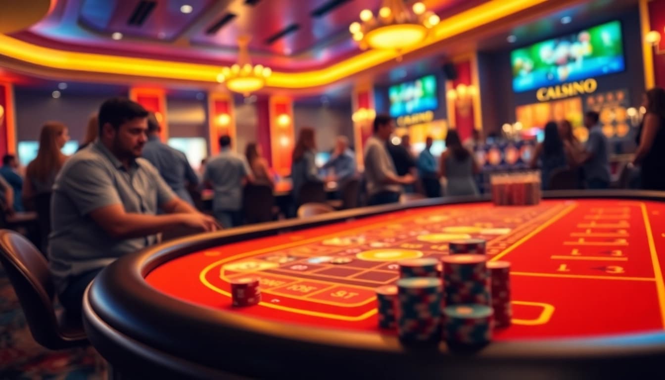 Spieler an Tisch mit Chips und Karten für casino-spiele de, unterhaltsame Atmosphäre.