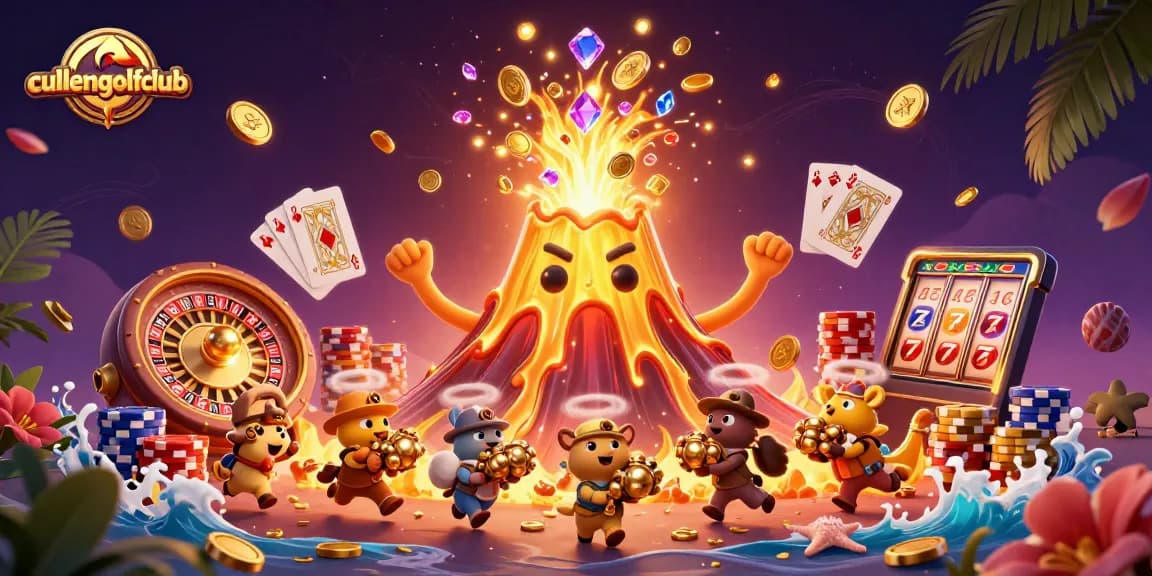 Experience the thrill at cullengolfclub with a golden volcano erupting coins and treasures in a vibrant casino scene.