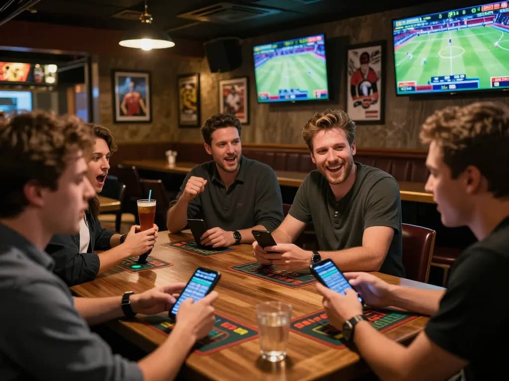 Engaging sports betting enthusiasts analyzing tỷ lệ nhà cái while placing wagers in a vibrant setting.