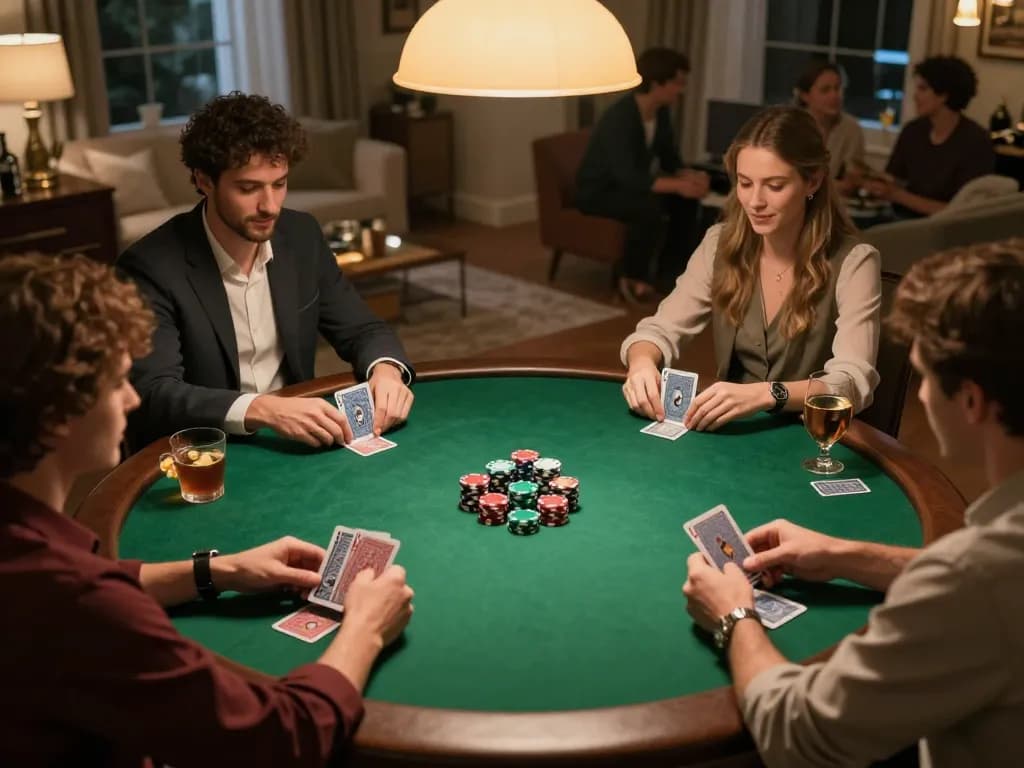 Players enjoying hi88 poker game at home, engaged in strategic gameplay with chips and cards.