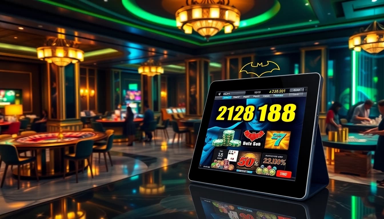 Engaging Batman138 slot machine surrounded by a dynamic casino atmosphere showcasing excitement and winning opportunities.