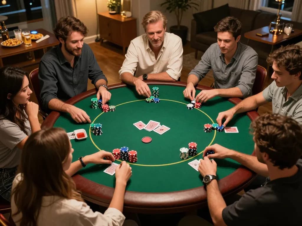 Friends engaging in a strategic poker game at home, showcasing the lively atmosphere of AU88 gaming.