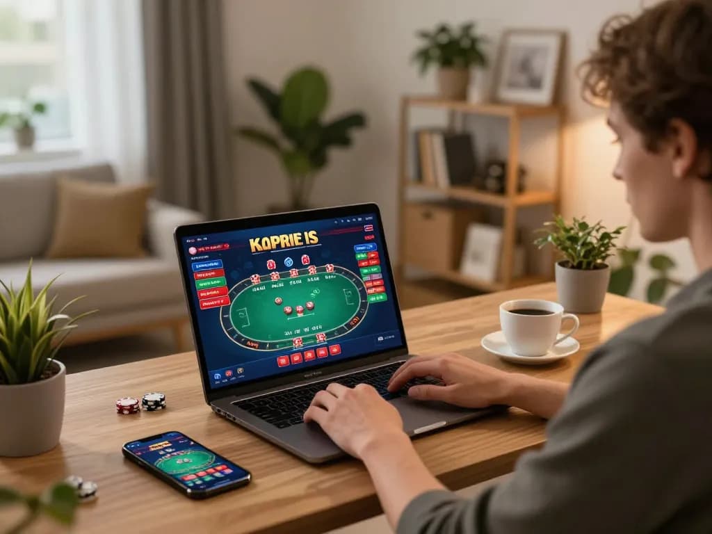 Engaging online gambling moment playing poker via link vào gg88 on a laptop in cozy home office