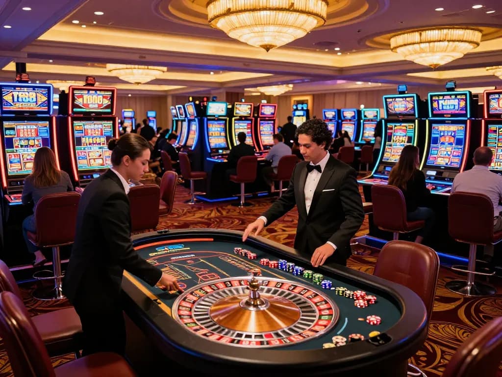 Players enjoying a dynamic gaming experience at TG88 casino with vibrant slot machines and roulette tables.