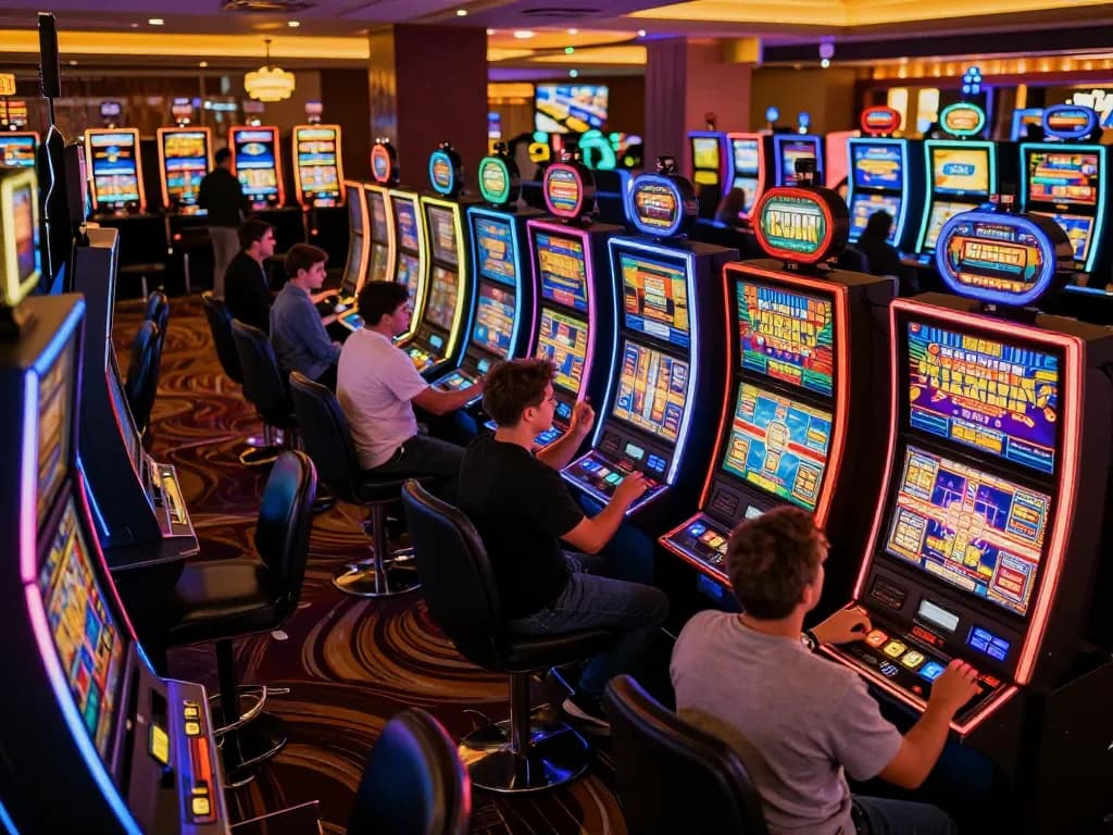 Players celebrating wins on link slot machines in a lively casino floor setting.