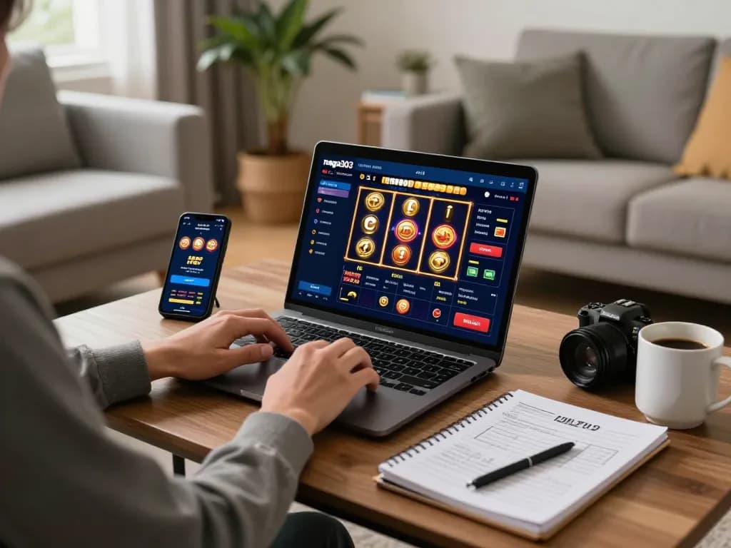 Naga303 online gaming interface displayed on laptop in a cozy living room setting, reflecting responsible gambling.
