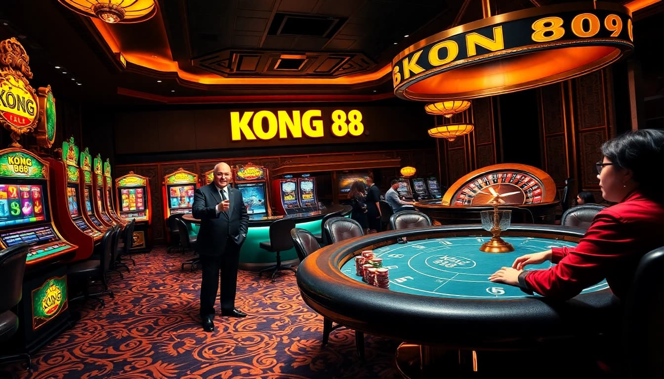 KONG 88-themed casino scene with luxurious slot machines and excited poker players.