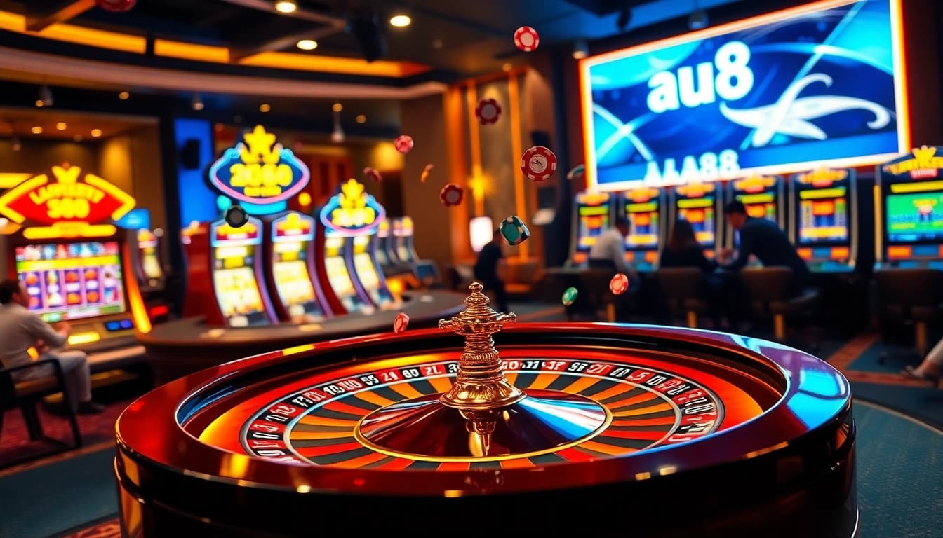 Action-packed casino scene showcasing au88 gaming excitement with roulette and poker elements.