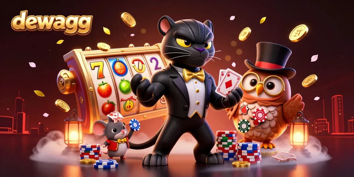 Engage in epic gambling at dewagg with stylish characters, vibrant slot reels, and colorful casino elements.