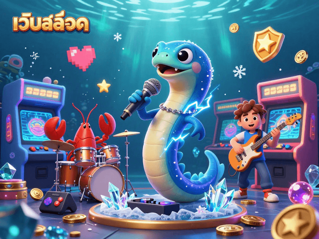 Spin the reels at เว็บสล็อต in this vibrant underwater casino scene featuring playful characters and retro game elements.