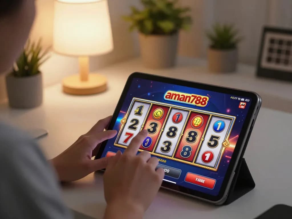 Pemain menikmati slot online di platform aman788 dengan grafik yang menarik, dalam suasana rumah yang nyaman.