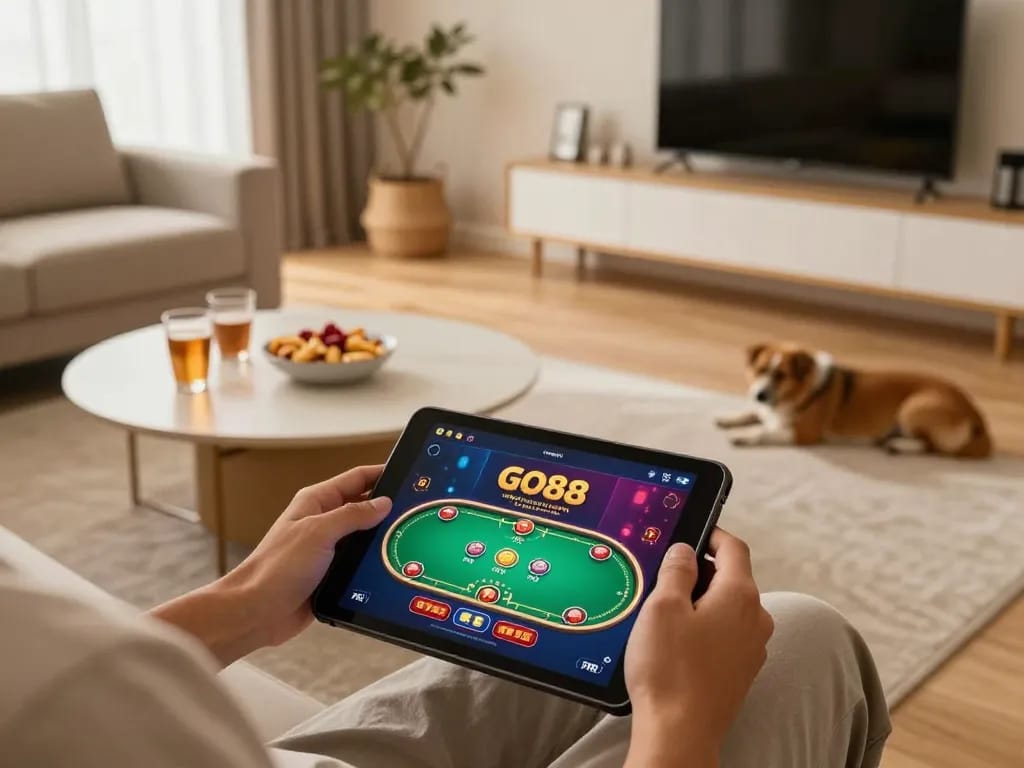 Play poker on the GO88 app with friends in a cozy home setting, engaging game atmosphere.