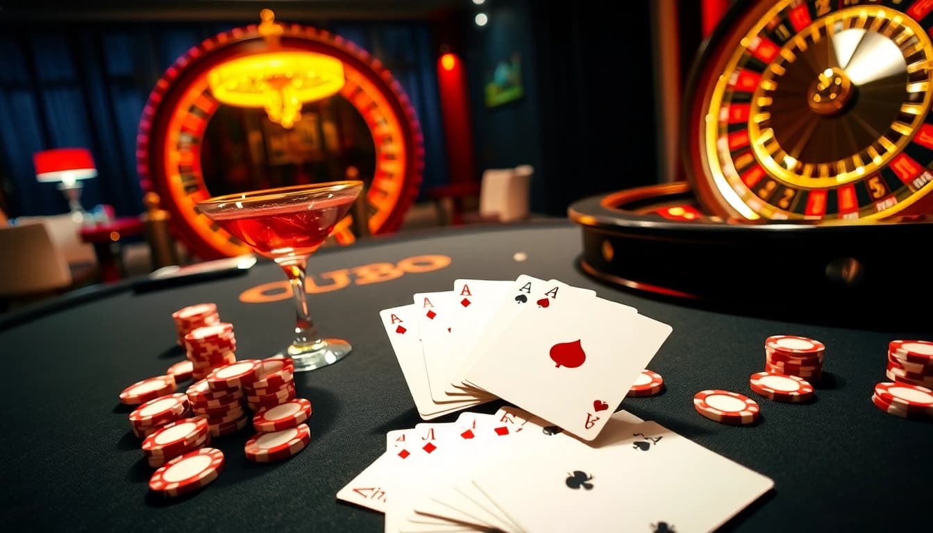 Engage in high-stakes gaming at UU88, showcasing poker chips and roulette elements in an elegant casino.