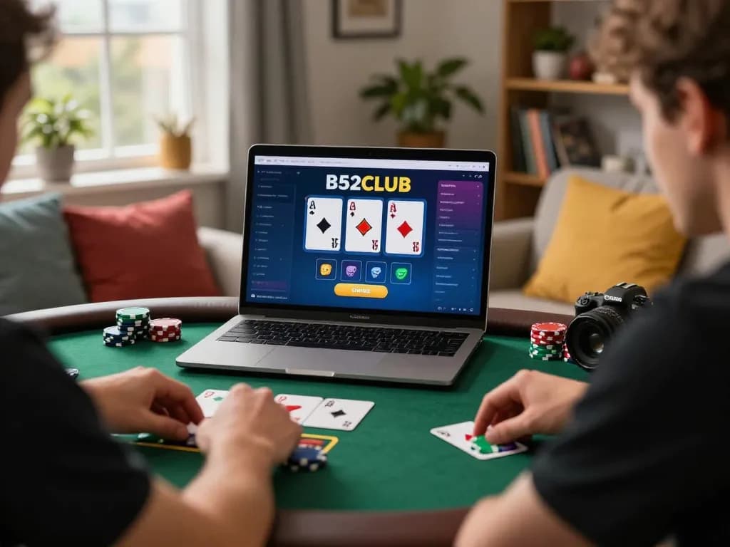 B52CLUB player strategically betting in cozy home poker game.