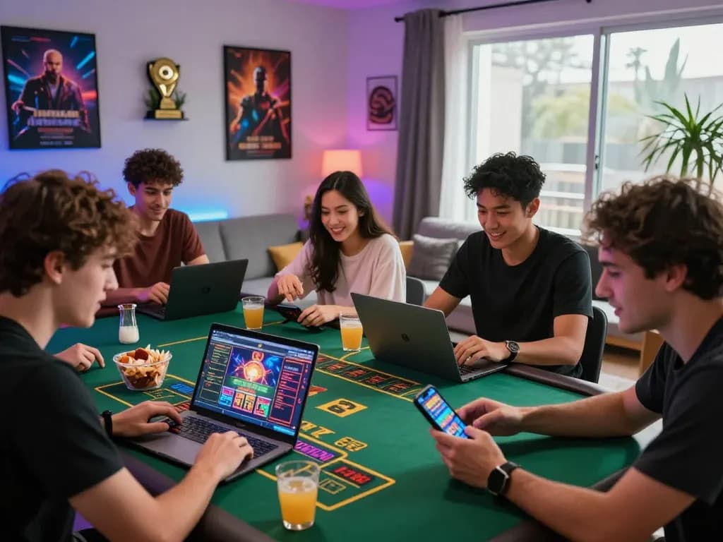 Friends enjoying AF88 đối tác live dealer games in a vibrant home setting, capturing excitement and camaraderie.