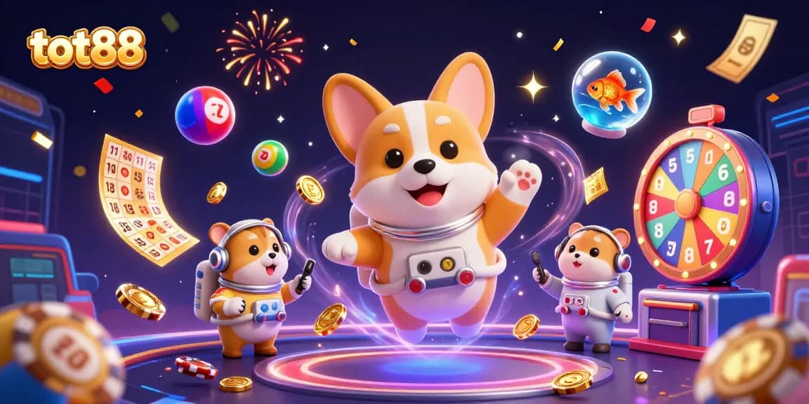tot88 showcases a vibrant zero-gravity casino scene with a playful astronaut corgi, engaging elements, and dynamic energy