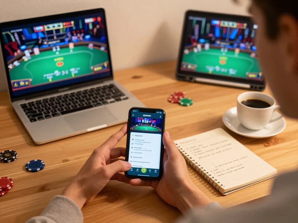 Engaging online gaming setup with a user on https://gemwin.pics showcasing dynamic smartphone gameplay and strategic notes.
