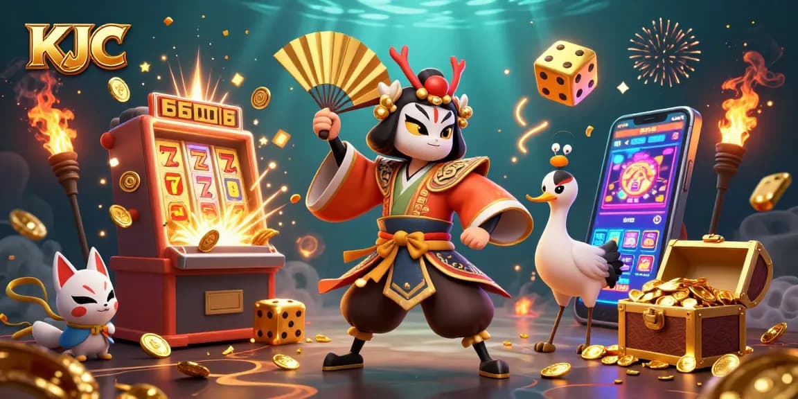 KJC slot machine scene bursts with coins and lucky symbols showcasing exhilarating casino gameplay