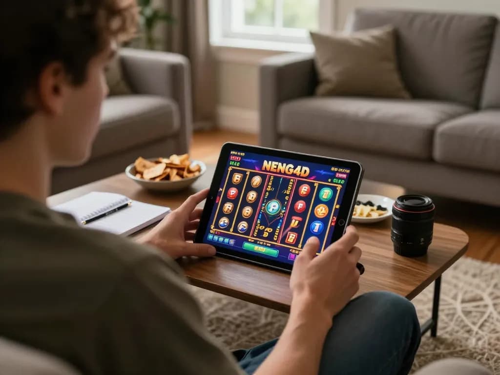 NENG4D player spinning reels on tablet in cozy home environment, highlighting responsible gaming.