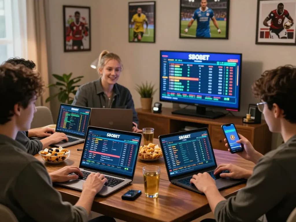 Engaged bettors placing SBOBET bets in a cozy online gambling space with screens showing odds.