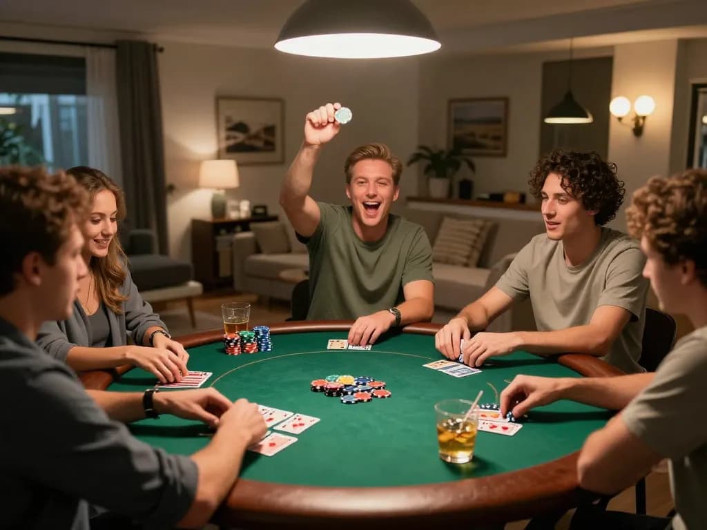 Enjoying a lively poker game at home with friends, sharing strategies and laughter on goal123.ac