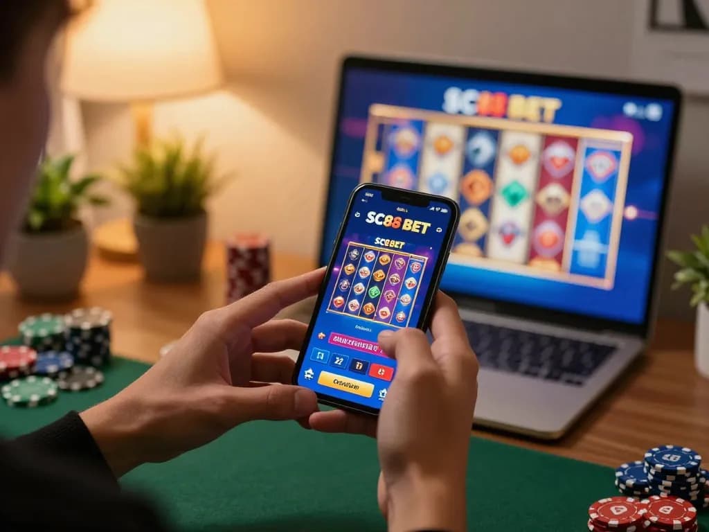 Engaging with the SC88 BET app on a smartphone in cozy evening lighting, showcasing responsible gaming.