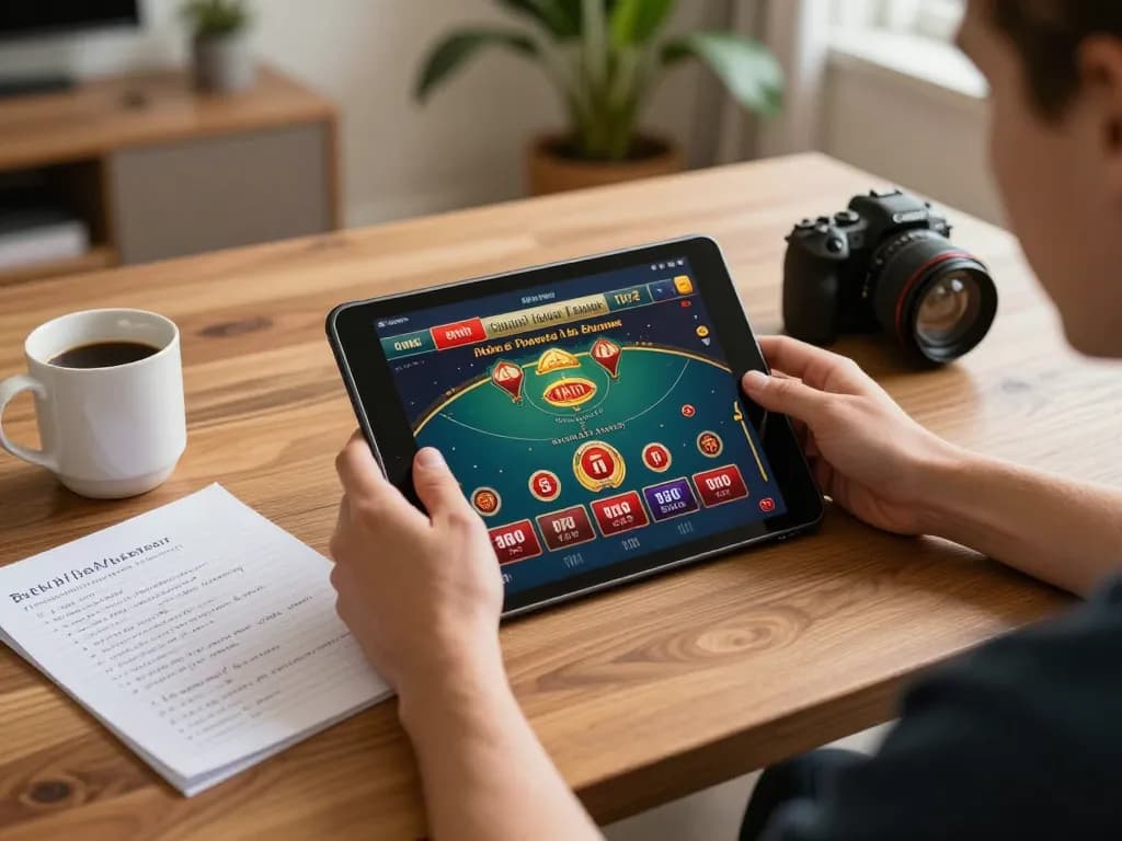 Player interacting with online casino app 789 for strategic gameplay in a cozy home.
