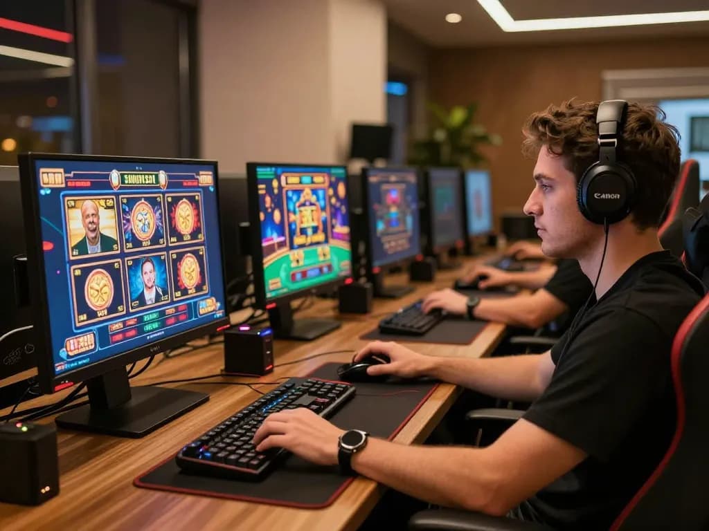 Engaged player using advanced setup for online gaming at lv88seo, showcasing vibrant slot games and strategic play.