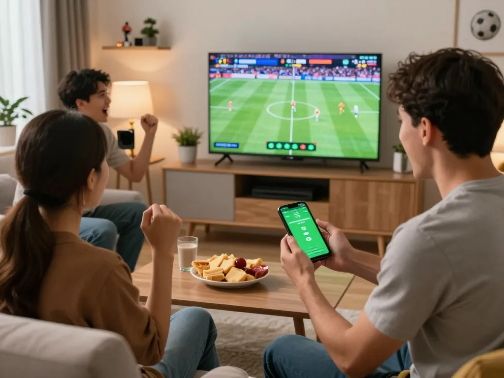 Engaging moments of sports betting with friends using kèo nhà cái 5 on a mobile app while enjoying a football match.