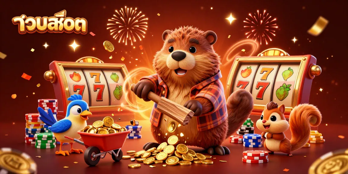 Engage with รวมสล็อต in an animated world, where a beaver and friends celebrate coin wins amidst vibrant slot reels.