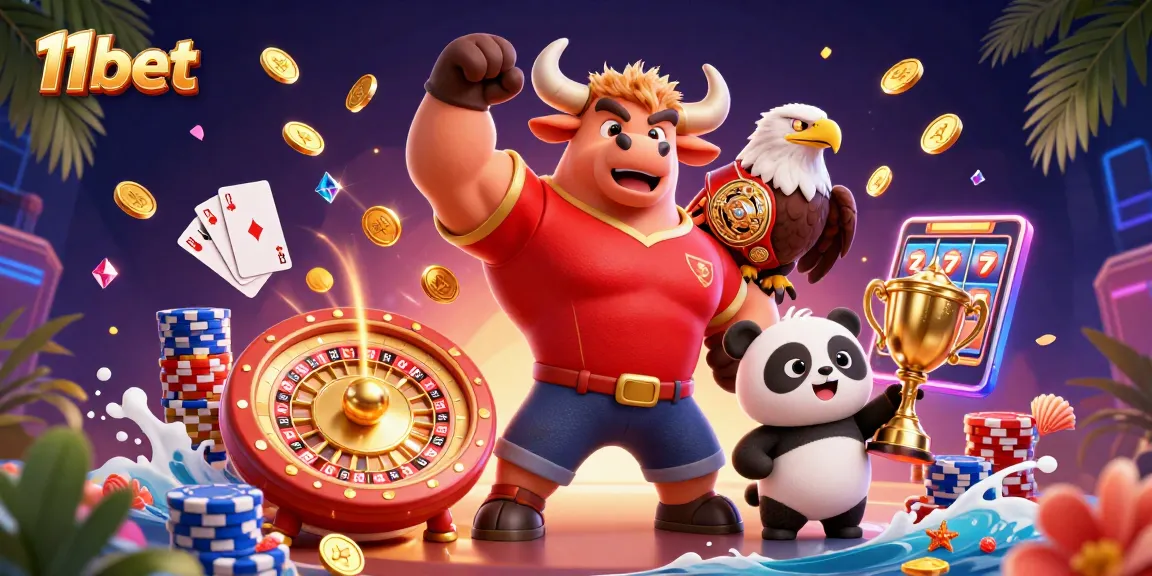 Experience the thrill of winning at 11bet with our dynamic casino scene featuring exciting game elements and characters.