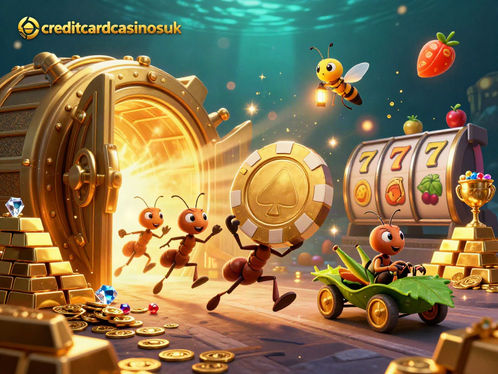 Navigate thrilling adventures at creditcardcasinosuk with ants on a heist surrounded by treasures and slot symbols.