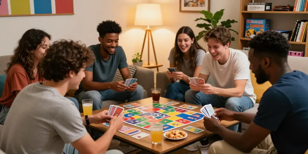 Friends enjoying a game of Rumble Rummy in a cozy living room setting, capturing excitement and camaraderie.