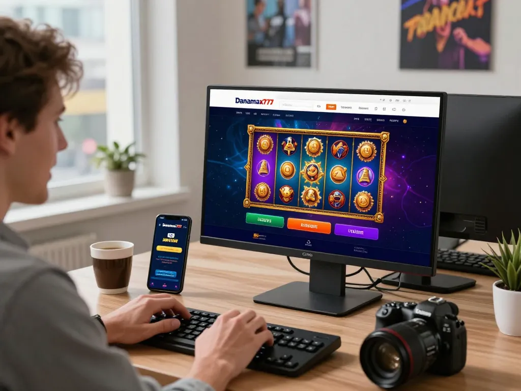 Login ke platform Danamax777 dengan grafis permainan yang menarik dan kegembiraan pengguna di kantor rumah yang nyaman.