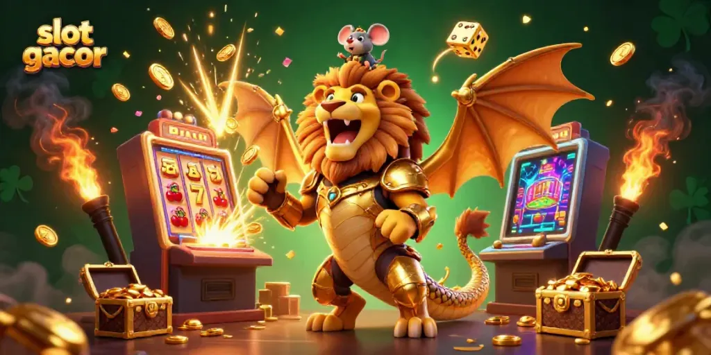 Experience slot gacor action with a golden chimera and jackpot excitement in a vibrant casino scene.