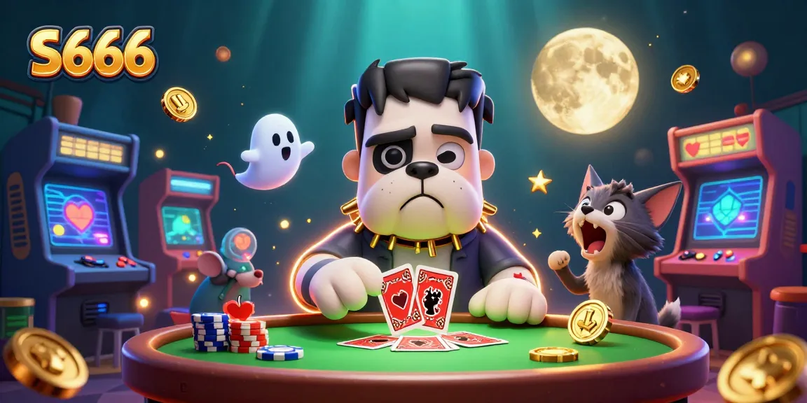 S666 players enjoy thrilling card games with a cartoon Frankenstein bulldog dealer at a vibrant casino table