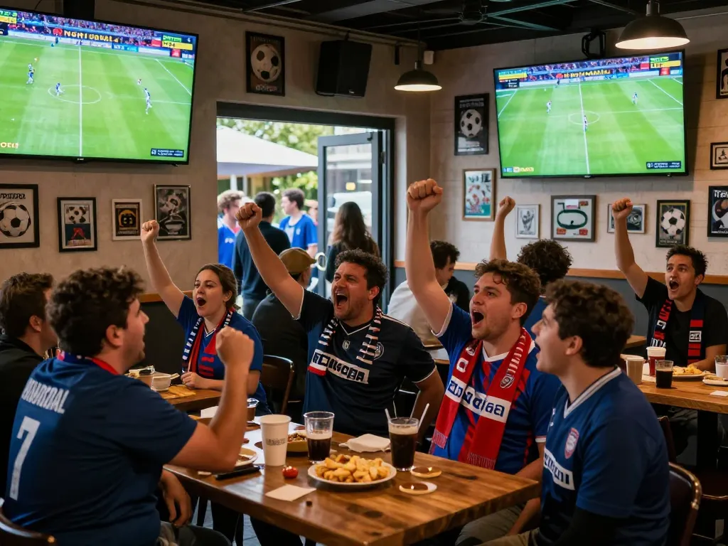 Fans celebrating at a sports bar with live football scores from Nowgoal.
