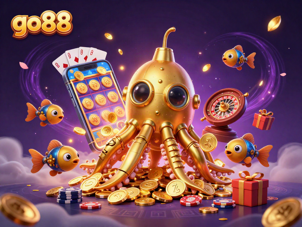 Experience go88's thrilling gaming world with a vibrant 3D illustration of a kraken submarine.